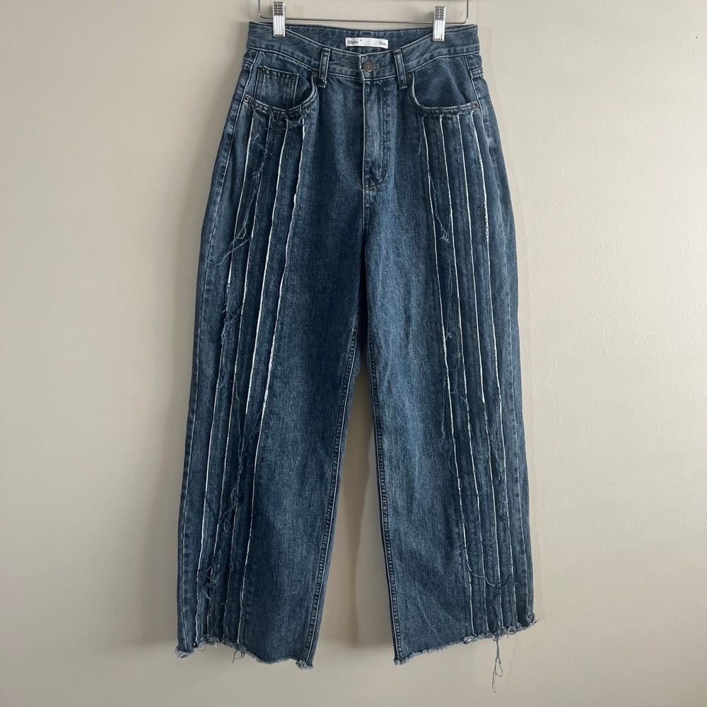 Matin Kim Wide Leg Jeans Frayed Seam Detail Dark Wash Raw Hem Size M